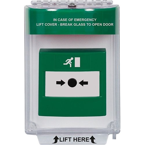 STI STI-13120EG Universal Stopper - Surface Mount with Sounder, Green Emergency Exit Label